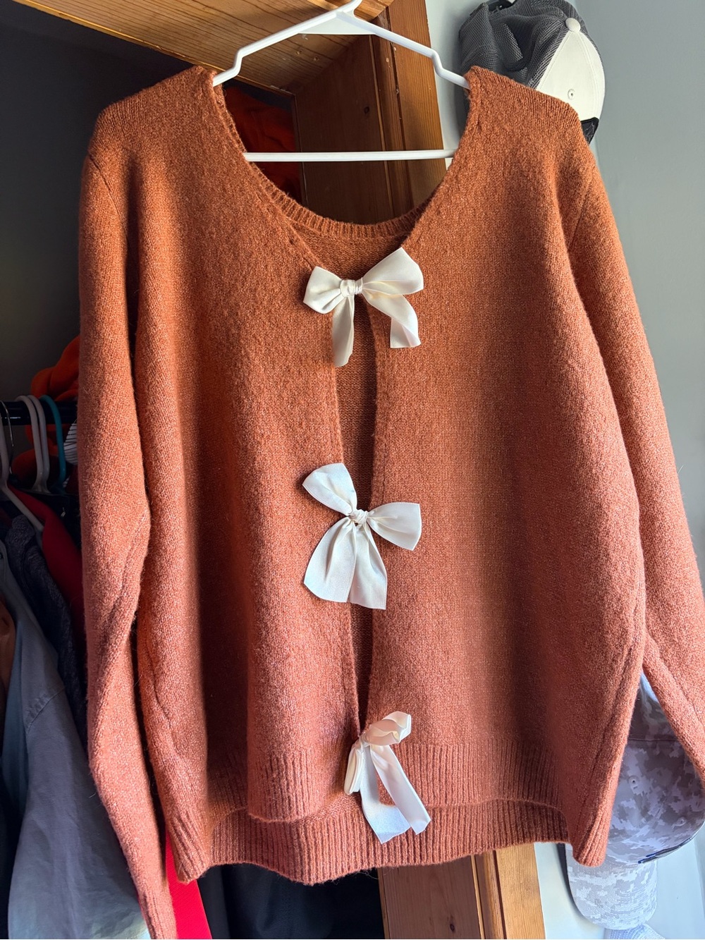 So Me Burnt Orange Knit Cardigan with Cream Bow Accents